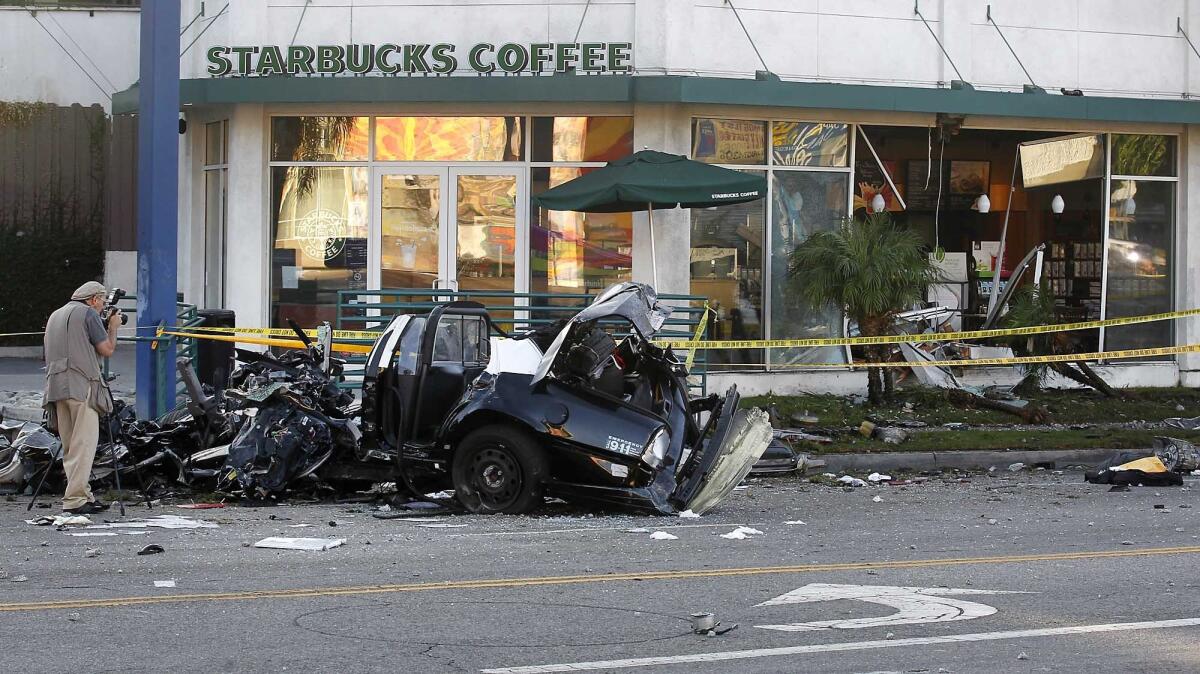 Nicholas Bowling stole an LAPD cruiser on Aug. 31, 2012, and smashed it into a Starbucks and a light pole in the Mid-Wilshire neighborhood.