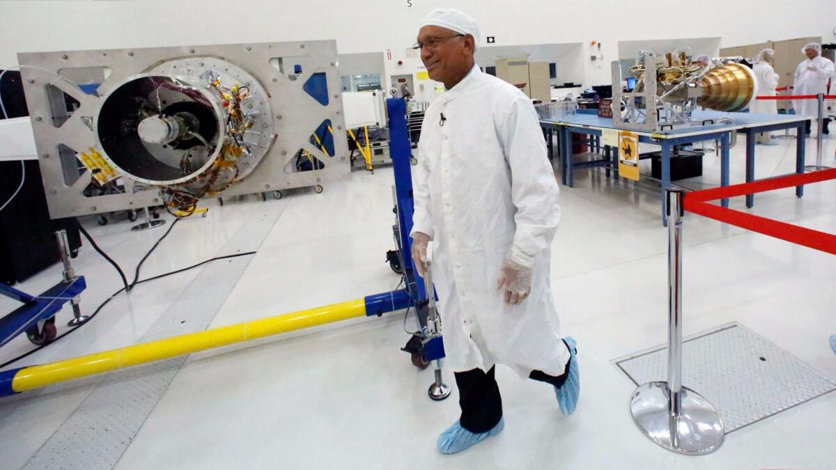 NASA Administrator Charles Bolden visits the Jet Propulsion Laboratory to check on the progress of two Earth-observing missions.