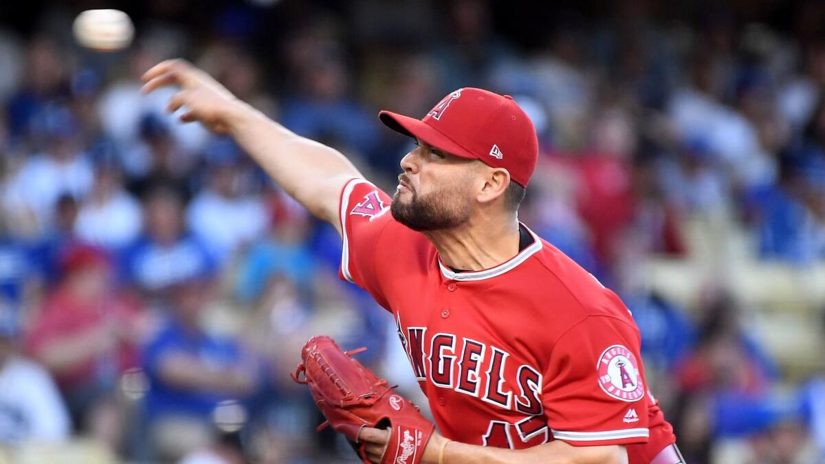 Angels' Ricky Nolasco scattered five hits over 6-1/3 innings against the Dodgers on June 26.