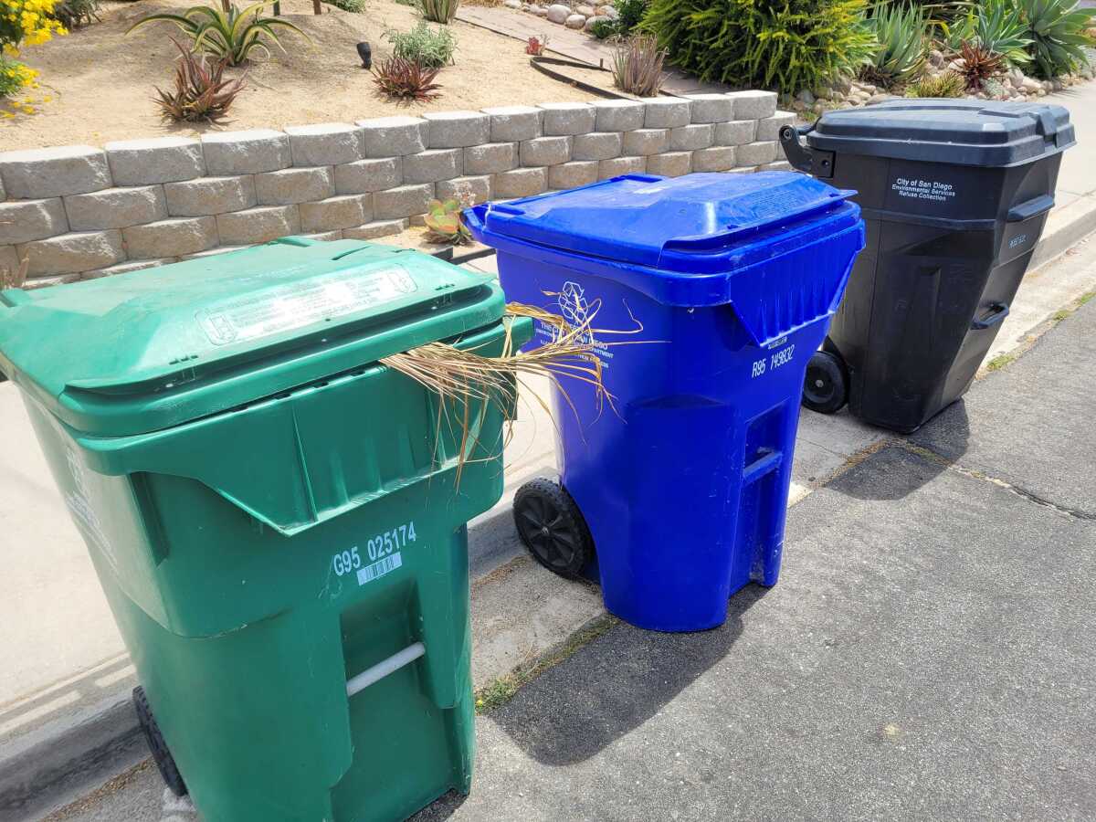 City of San Diego homes now need three bins for city trash collection for landfill trash, recyclables and green waste.