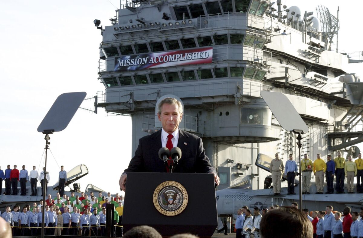 Then-President George W. Bush gives his "mission accomplished" speech about the Iraq war on May 1, 2003.