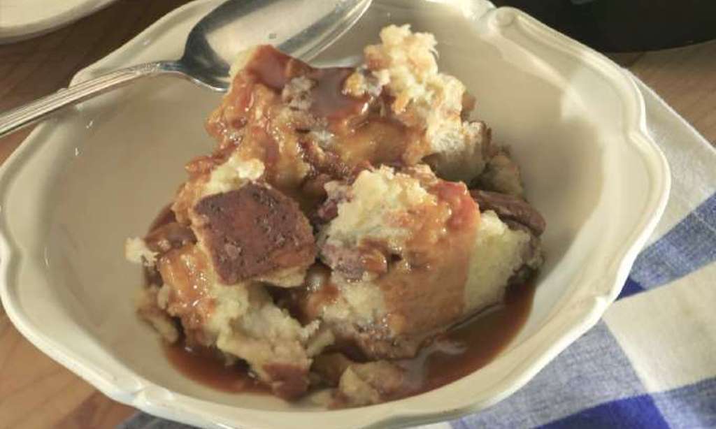 Recipe: White chocolate bread pudding with whiskey caramel sauce