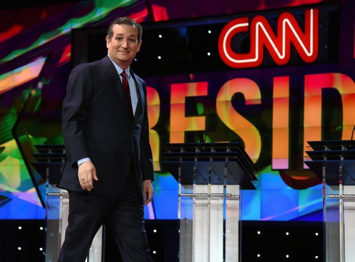 Sen. Ted Cruz is introduced at Tuesday's Republican presidential debate in Las Vegas.