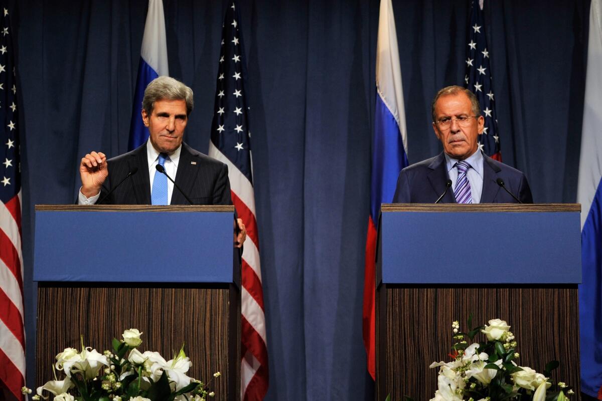 Secretary of State John F. Kerry, left, and Russian Foreign Minister Sergei Lavrov address reporters at a news conference in Geneva.
