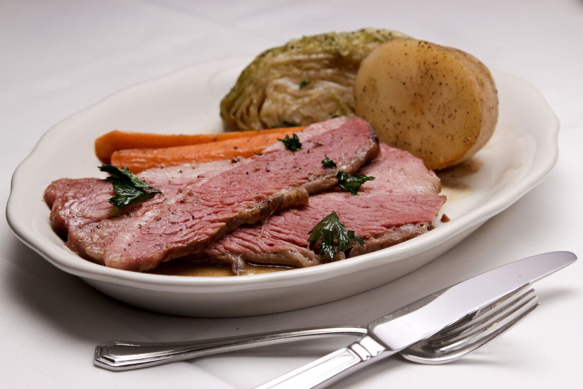 A plate of corned beef and cabbage, a popular dish for St. Patrick's Day.