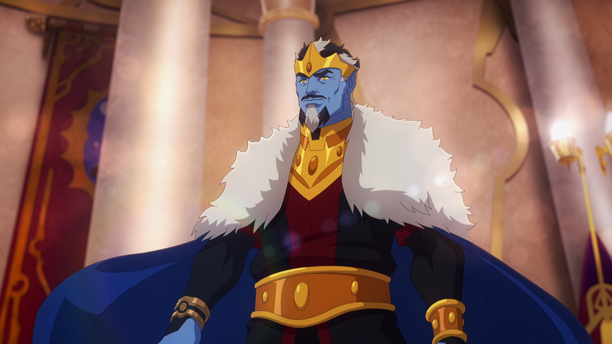 Keldor, a blue man wearing a crown and a white fur-lined cape.