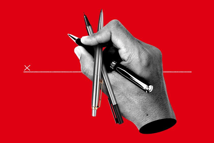 photo illustration of a hand signing a contract with three pens