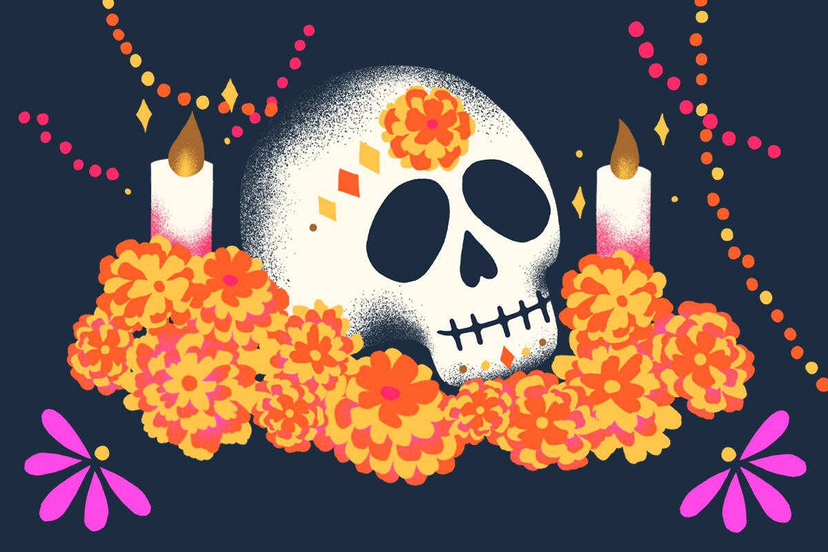 A sugar skull surrounded by marigolds, candles and decorations 