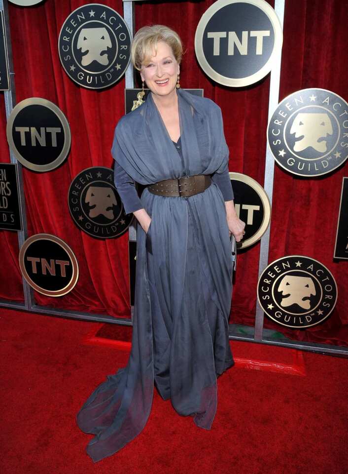 Meryl Streep's draped blue-gray Vivienne Westwood gown looks cool with its wispy train.