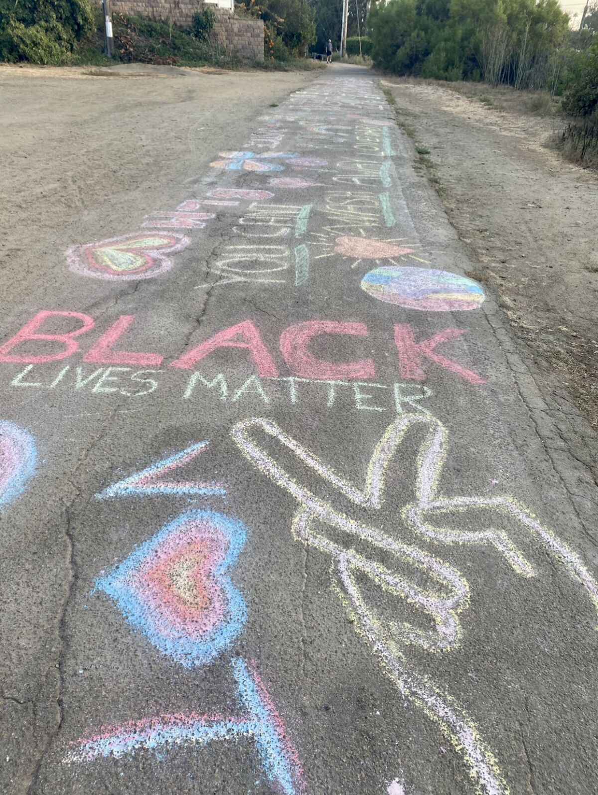 Chalk messages are seen on the La Jolla Bike Path on Sept. 23, a week after the city of San Diego removed similar drawings.