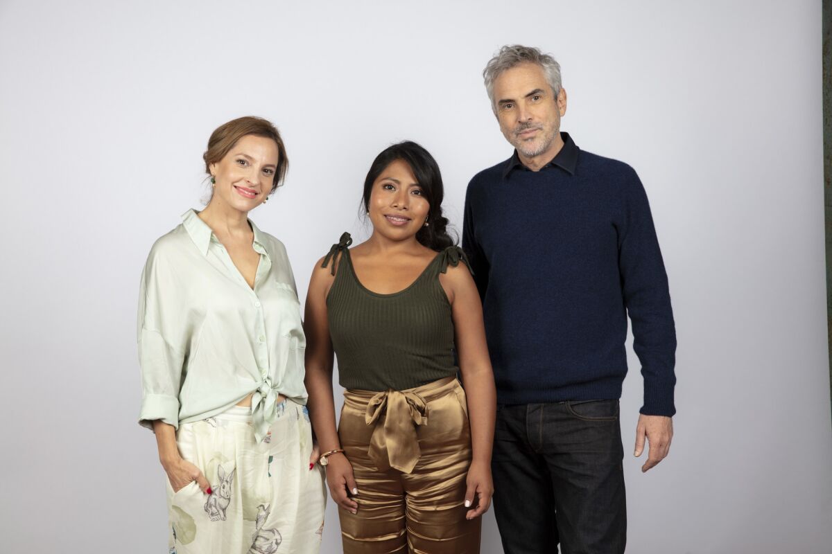 Actresses Marina De Tavira, Yalitza Aparicio and director Alfonso Cuarón from the film "Roma."