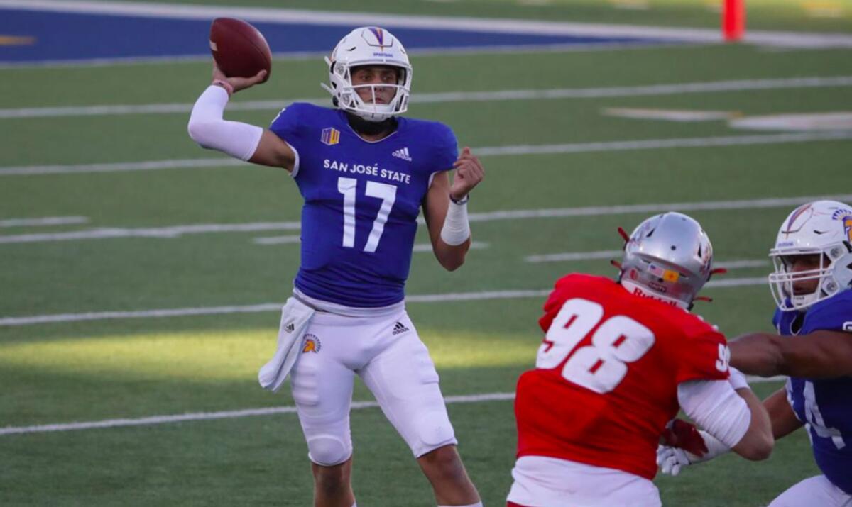San Jose State quarterback Nick Starkel played at Texas A&M and Arkansas before joining the Spartans.