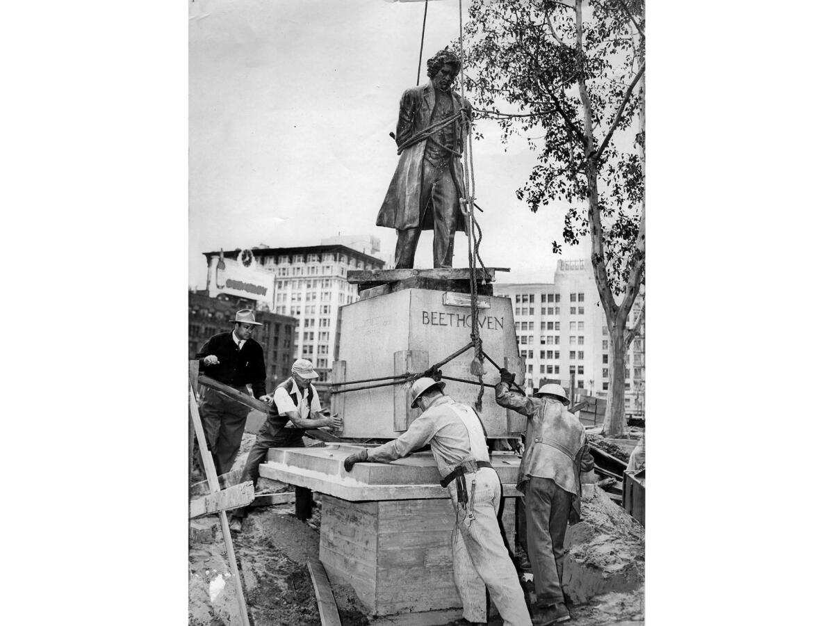 April 28, 1952: Statue of Beethoven returns to Pershing Square after construction project at park was completed.