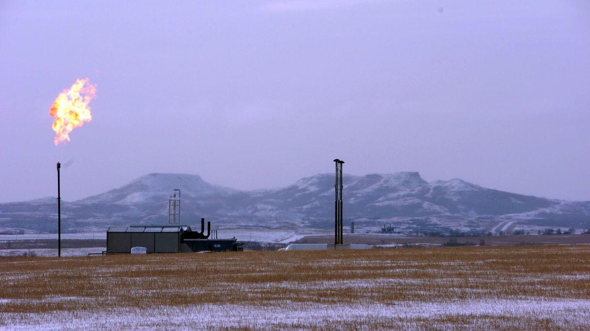 A gas flare at a natural gas processing facility near Williston, N.D.