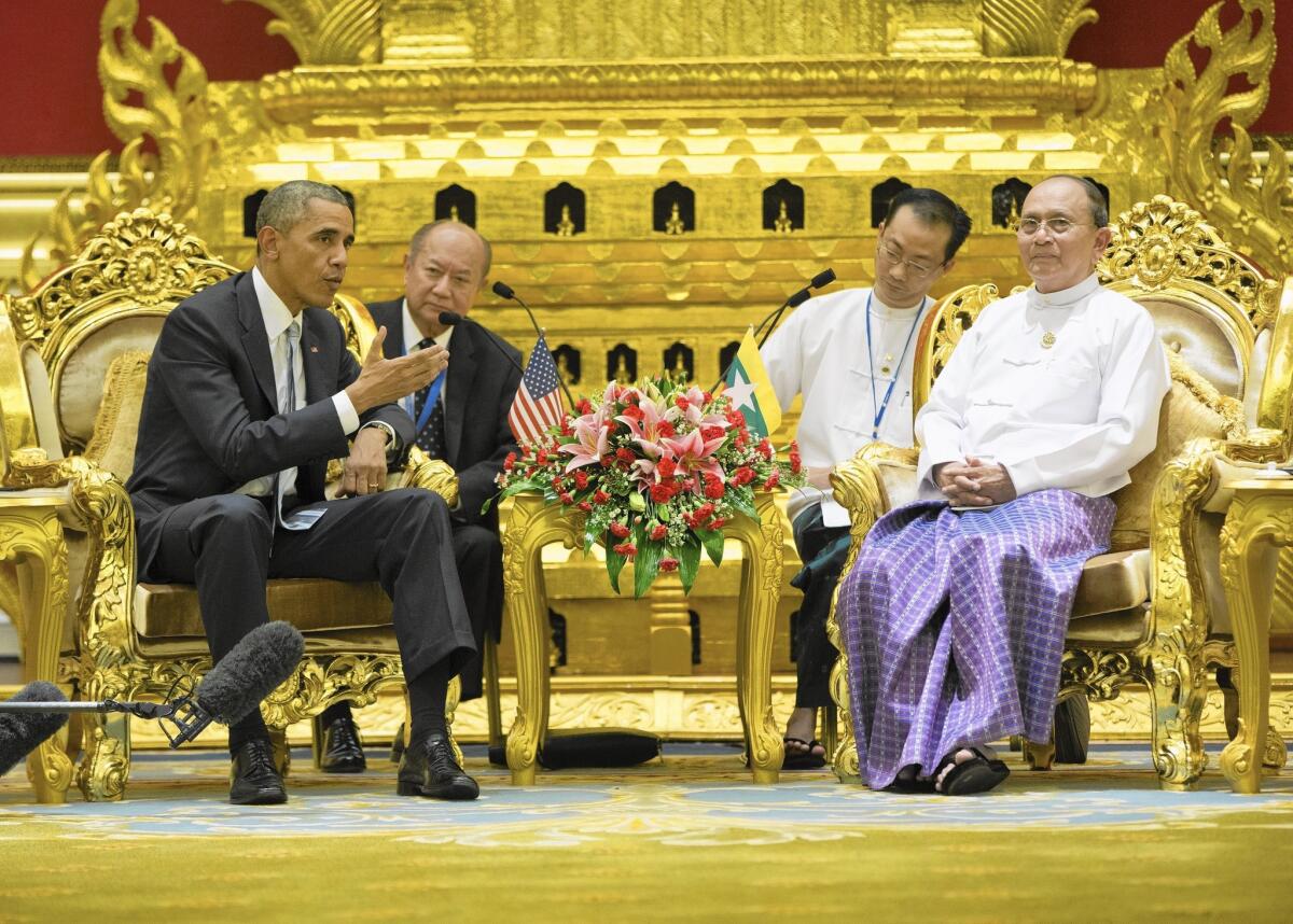 President Obama meets with Myanmar President Thein Sein at the presidential palace in Naypyidaw. Myanmar recently began to emerge from years of totalitarian rule.