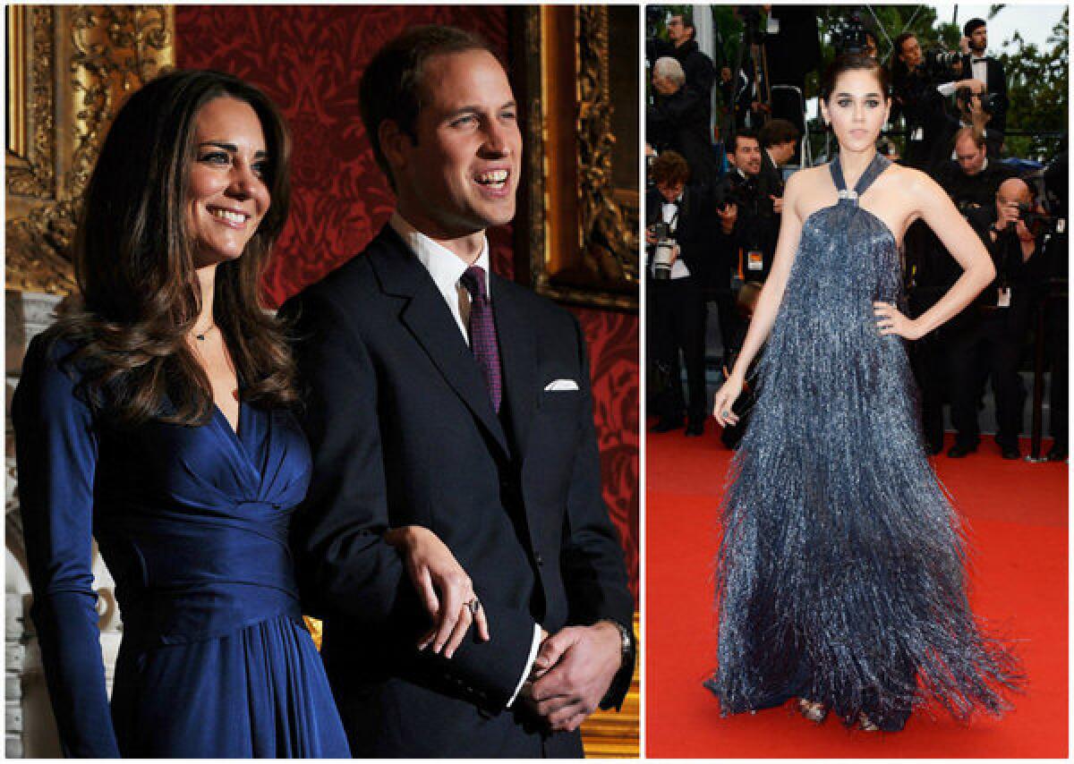 At left, Kate Middleton (in Issa London) and Prince William at their Nov 16, 2010, engagement announcement. At right, Araya A. Hargate at the Cannes Film Festival on Wednesday.