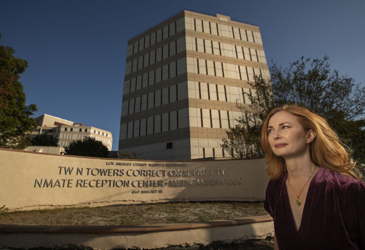 Sarah Dusseault in front of the Twin Towers jail in downtown Los Angeles