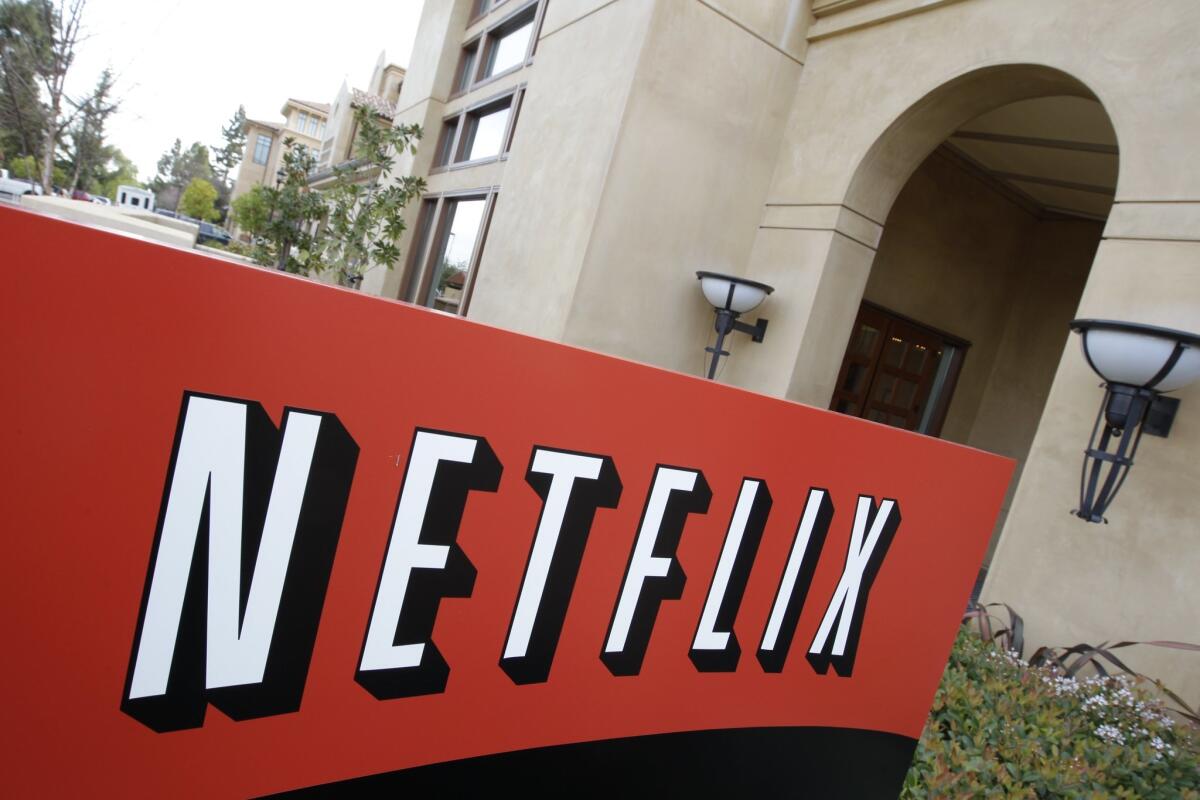 Sign at Netfilx headquarters in Los Gatos, Calif. Netflix reports quarterly financial results on Wednesday, April 15, 2015.