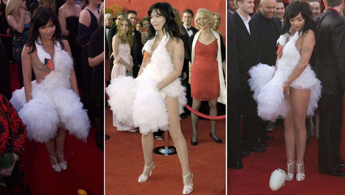 Icelandic musician Bjork's 73rd Academy Awards dress is not only one of the most iconic red carpet outfits ever (the ruffled number even has its own Wikipedia page), but also among the most awkward. Folks who thought she dropped her clutch while walking toward the ceremony venue were surprised to see she dropped a sizable egg, on purpose, out of her swan dress. We'll let you argue about how good she looked in the ensemble, but we will say this: Bjork's Oscar cameo sure reminded us of Hans Christian Andersen's tale of a duckling that didn't quite fit in.