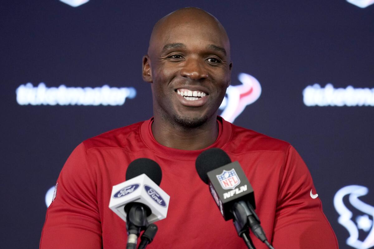 Houston Texans head coach DeMeco Ryans speaks at a press conference.