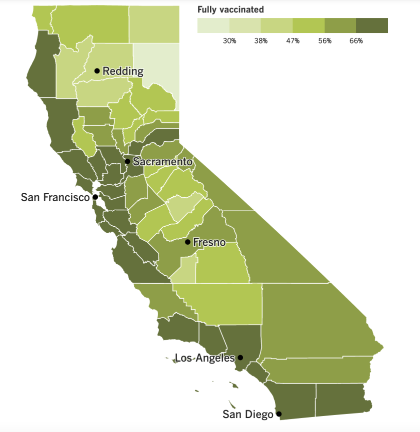 A map showing California's vaccination progress by county, as of April 26, 2022.