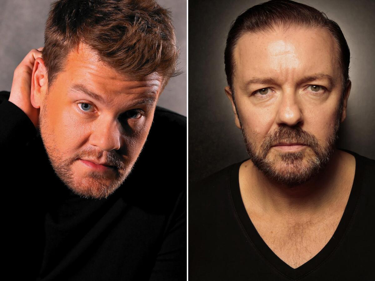 Comedians James Corden, left, and Ricky Gervais.