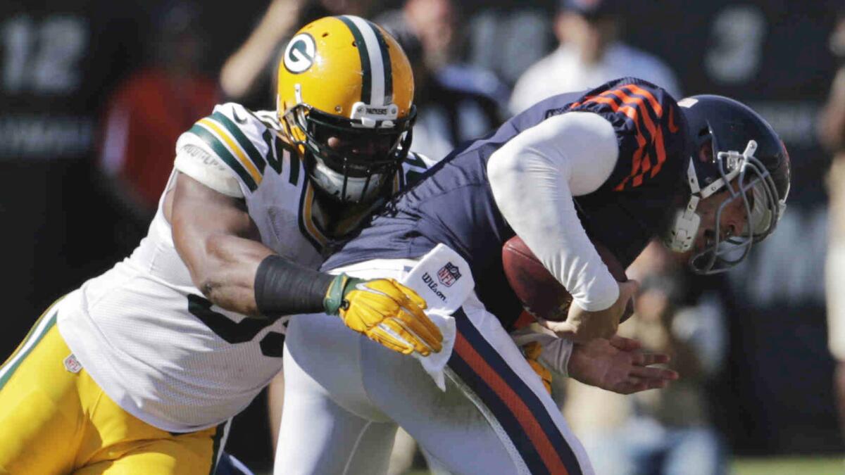 Green Bay Packers defensive end Datone Jones sacks Chicago Bears quarterback Jay Cutler in the second half of the Packers' 38-17 win Sunday.
