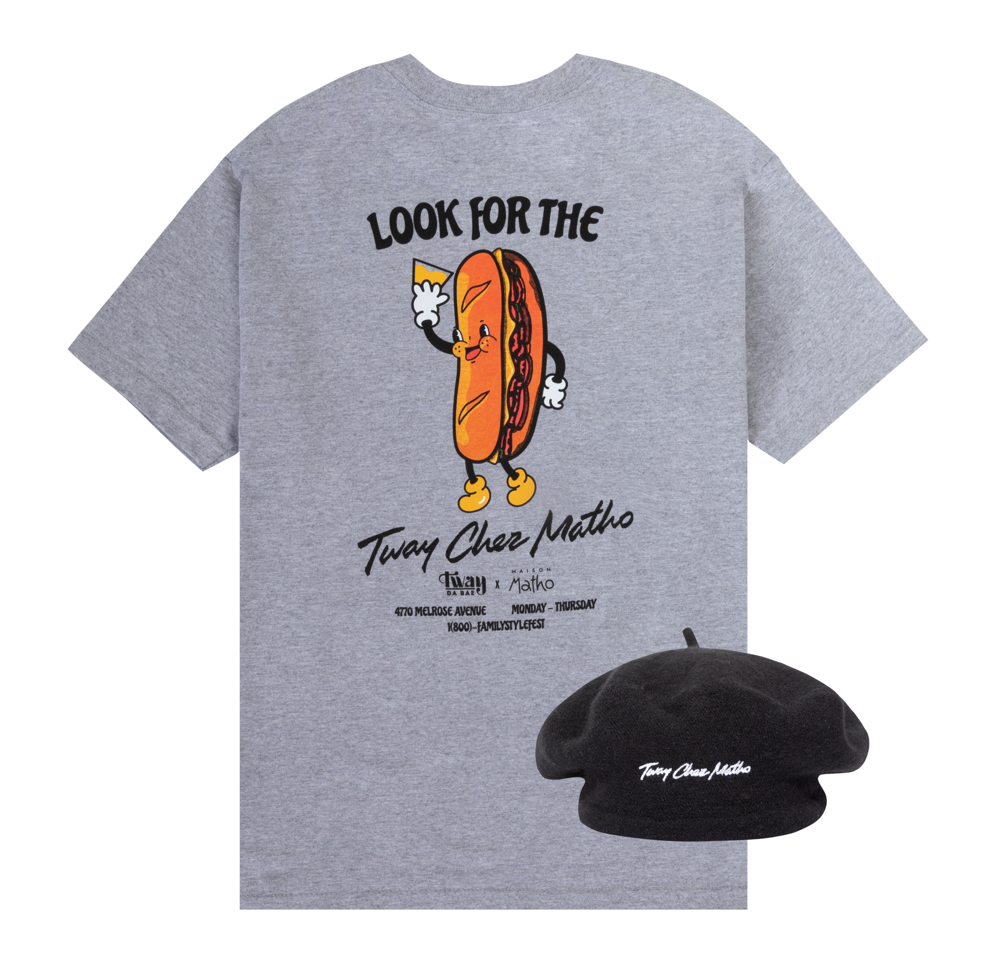 Hot dog tee and black beret