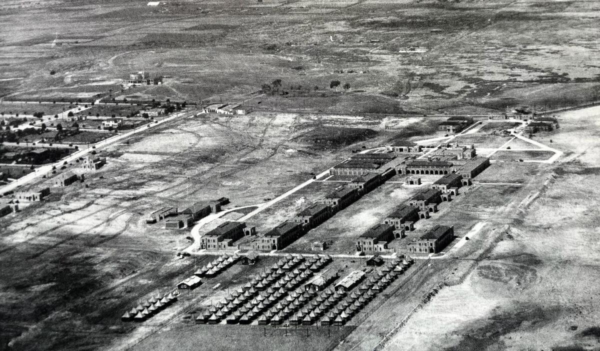 A view to the north shows Dutch Flats just past the first phase of Naval Training Center San Diego in late 1923.