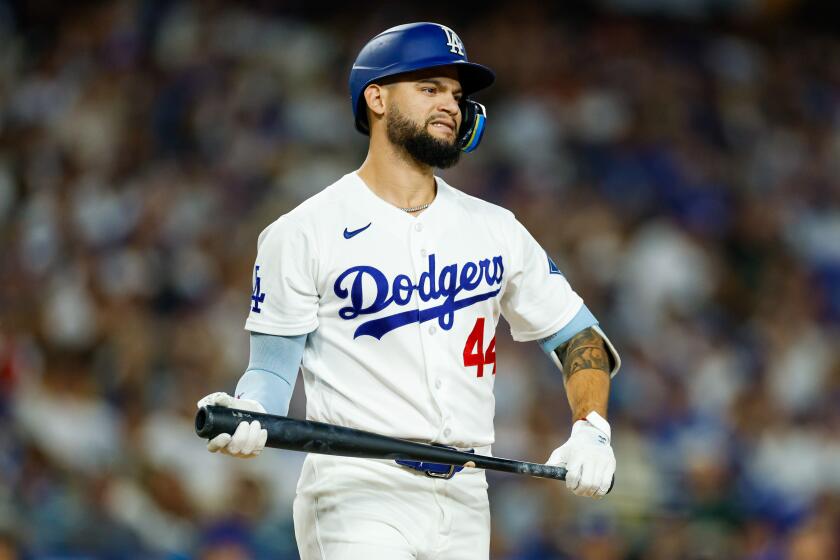 Los Angeles, CA - July 06: Los Angeles Dodgers center fielder Andy Pages (44) reacts to a strike during the fourth inning of a MLB game between Los Angeles Dodgers and Colorado Rockies at Dodger Stadium on Monday, July 6, 2026 in Los Angeles, CA. (Ronaldo Bolanos / Los Angeles Times)