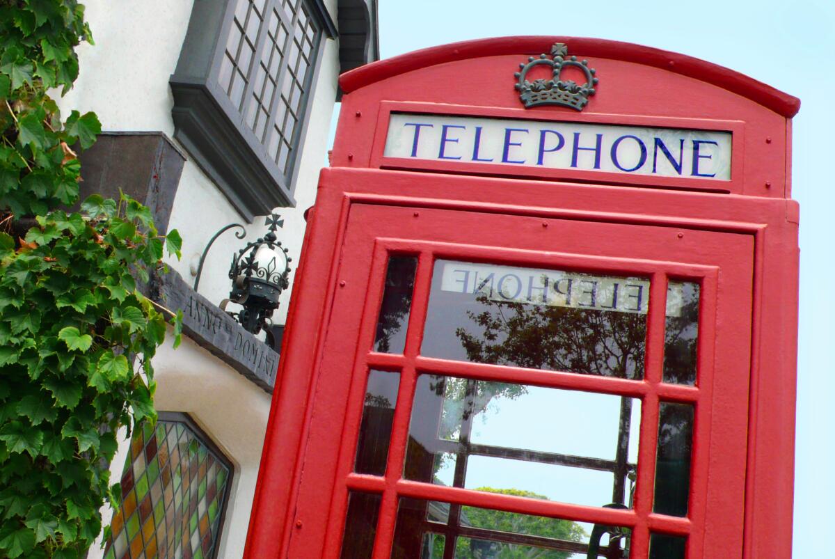The iconic red London telephone box outside the Five Crowns in Corona del Mar.