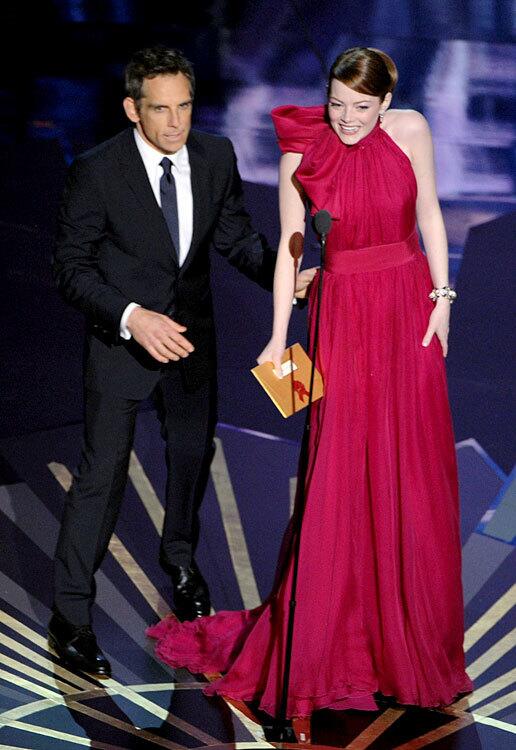 Ben Stiller's comic goofball sensibilities rub off on Emma Stone, who essentially stops the show with a stream of off-the-wall presenting gags before actually presenting the Oscar for visual effects.