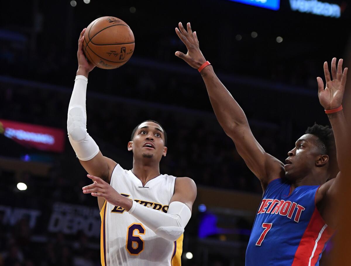Lakers guard Jordan Clarkson tries to get a shot past Pistons forward Stanley Johnson during a game Jan. 16.