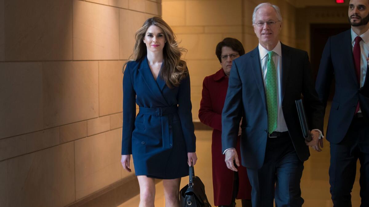 White House communications director Hope Hicks arrives to meet behind closed doors with the House Intelligence Committee in Washington on Feb. 27, 2018.