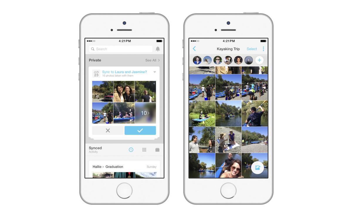 Esta imagen ofrecida por Facebook muestra imágenes de su app Moments. Disponible en iOS y Android en EE.UU., Moments utiliza tecnología de reconocimiento facial para agrupar las fotos en tu teléfono según quién está en ellas. Es la misma tecnología que Facebook ya utiliza para etiquetar a tus amigos en tu sitio. (Facebook vía AP)