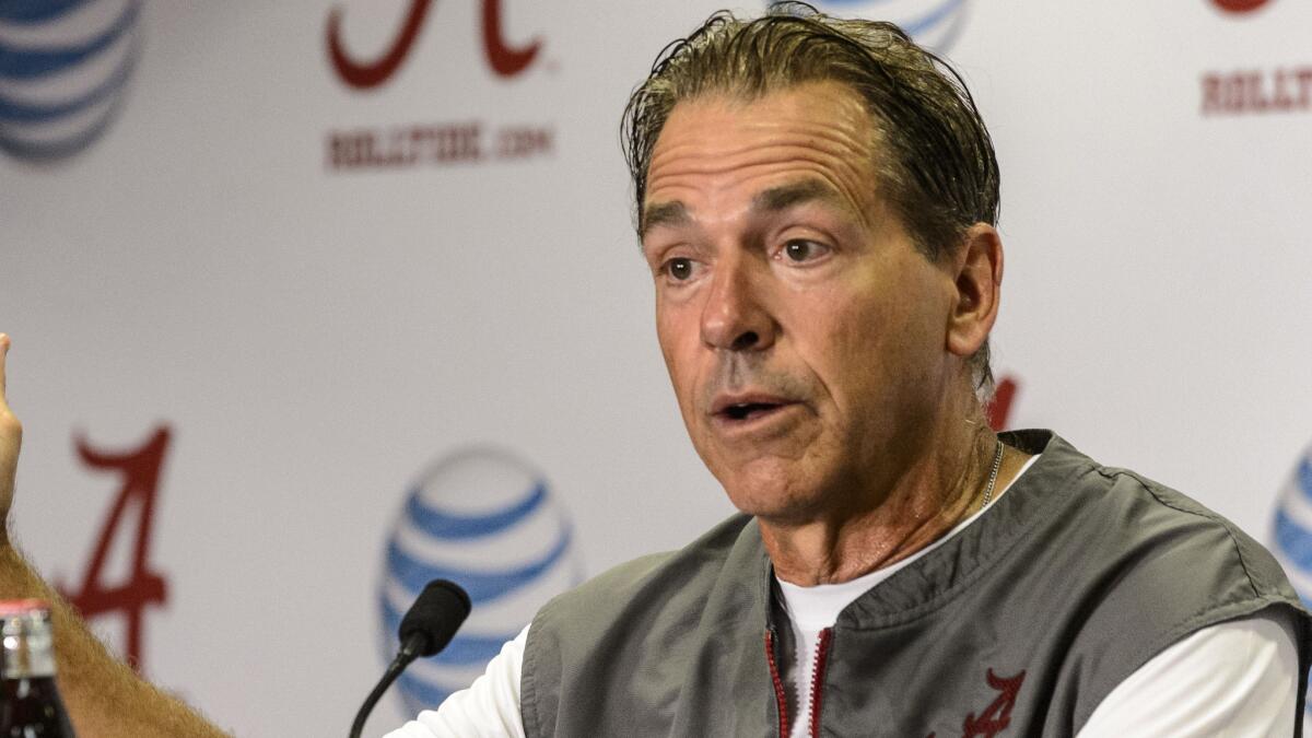 Alabama Coach Nick Saban speaks during a news conference on Aug. 9. Saban has done an admirable job keeping the Crimson Tide among college football's elite teams.