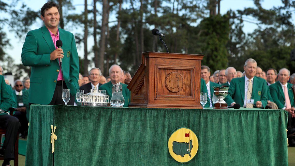Patrick Reed speaks during the green jacket ceremony after winning the 2018 Masters Tournament at Augusta National Golf Club on Sunday.