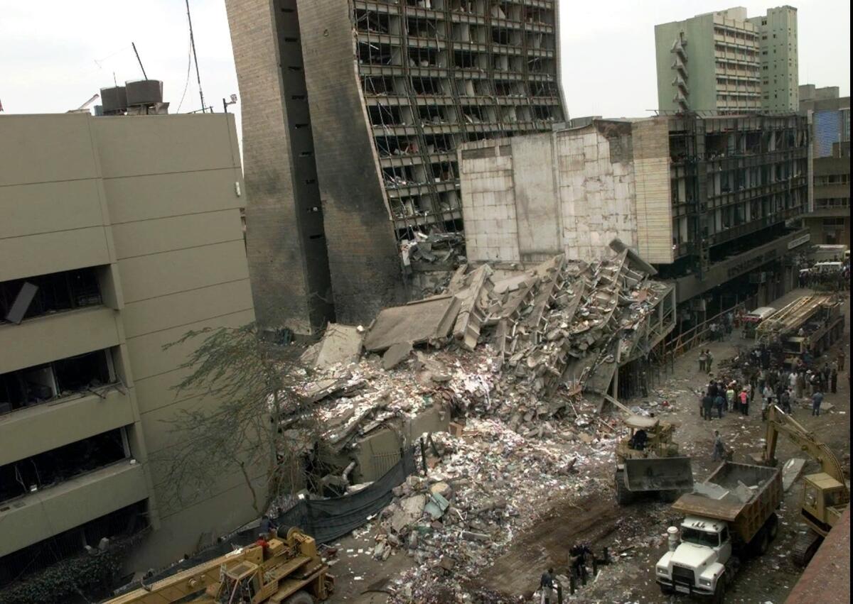 The U.S. Embassy and other buildings in downtown Nairobi, Kenya, were damaged in an Aug. 7, 1998, bombing. Above, a photo from the day after the attack.