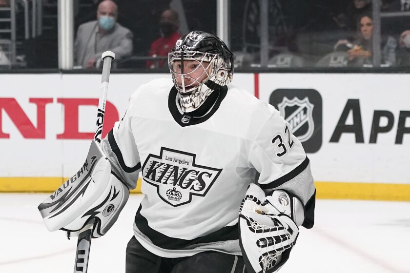 Los Angeles Kings goaltender Jonathan Quick (32) protects the goal during an NHL hockey game against the Chicago Blackhawks Thursday, March 24, 2022, in Los Angeles. (AP Photo/Ashley Landis)