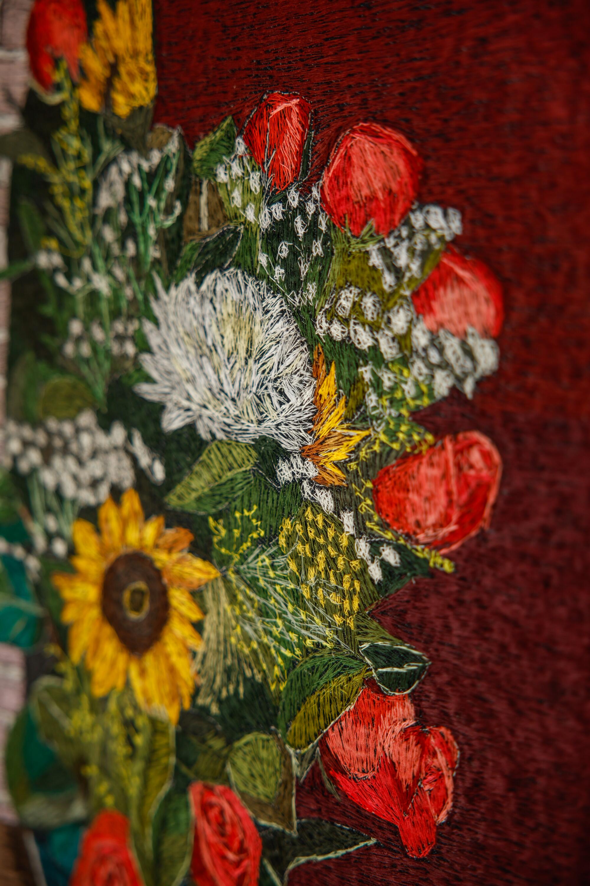 A closeup image of textile flowers.