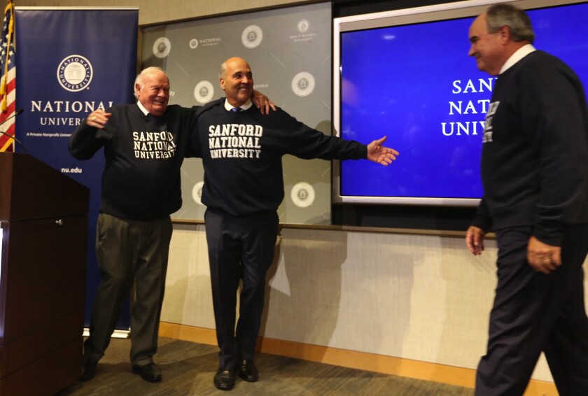 National University has decided, at least for now, to shelve plans to rename itself in honor of Denny Sanford (left).