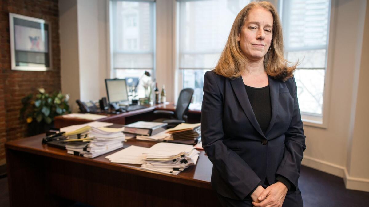Attorney Shannon Liss-Riordan, seen here in 2016, has represented workers in a number of lawsuits against Uber. Now she is advancing a novel claim that the ride-hailing giant's practices hurt not only drivers but the public.
