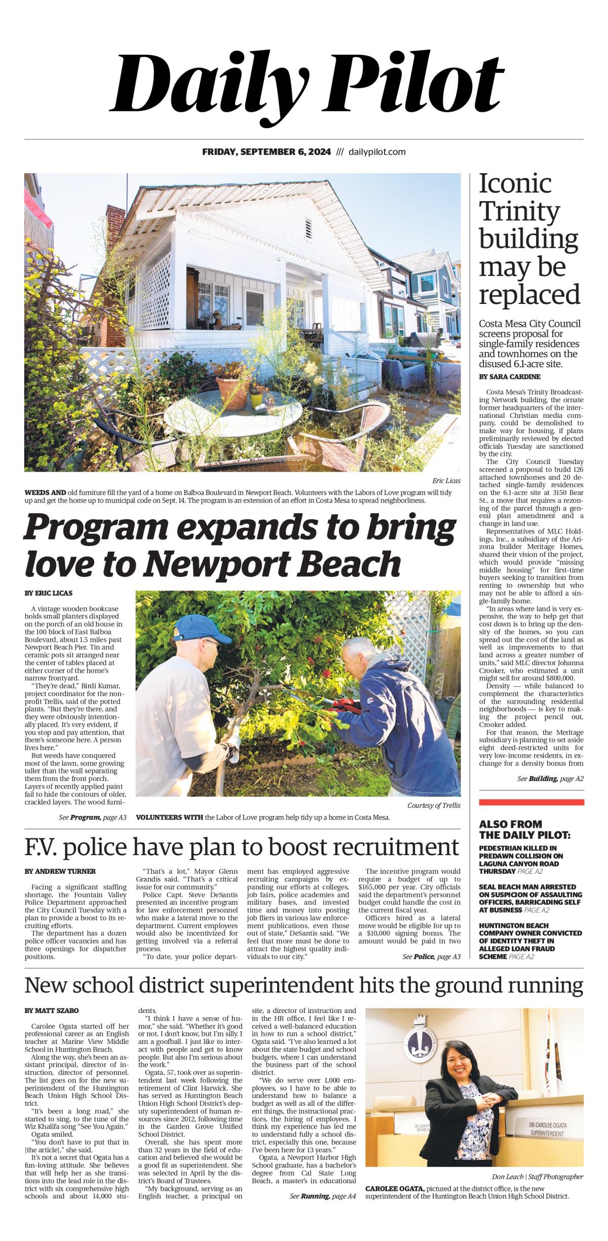 Front page of the Daily Pilot e-newspaper for Friday, Sept. 6, 2024.