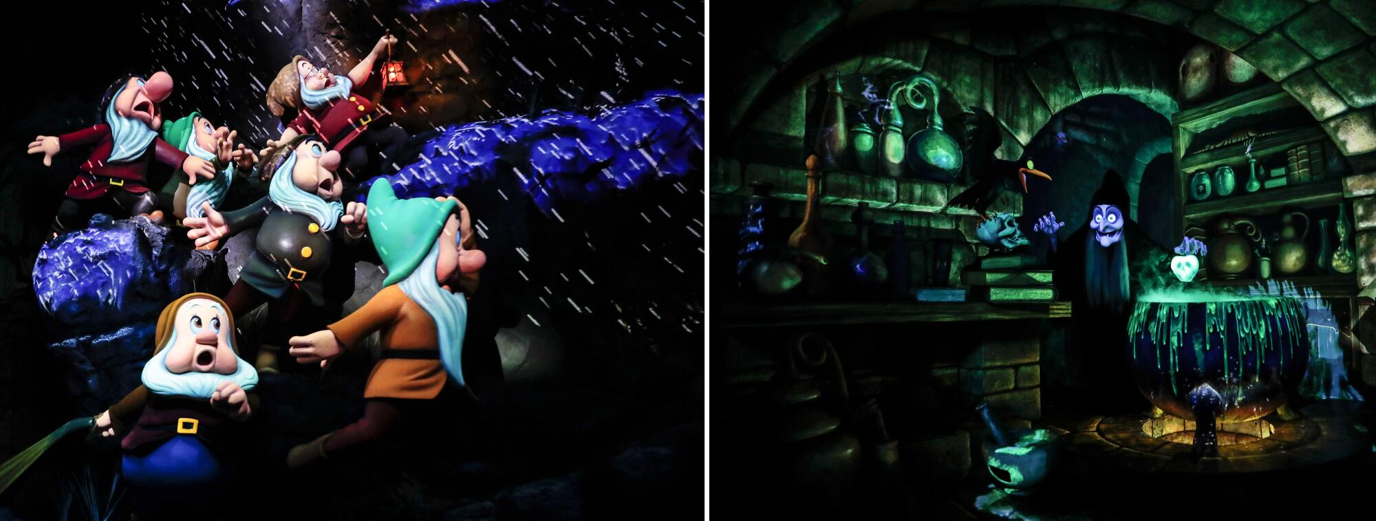 Scenes of the Seven Dwarfs, left, and of the Evil Queen in her witch's nest