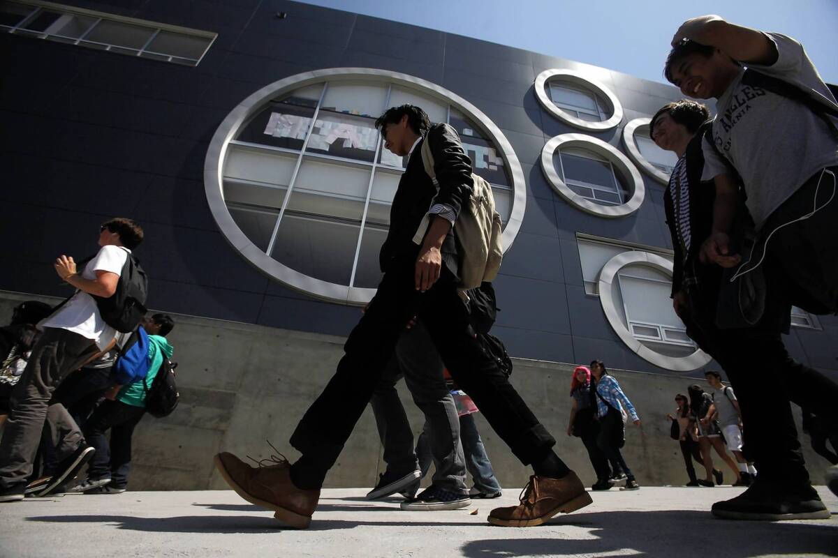 Students at Ramon C. Cortines School of Visual and Performing Arts. The high school's principal, Norman Isaacs, recently resigned, saying that funding for the arts programs is not secure.