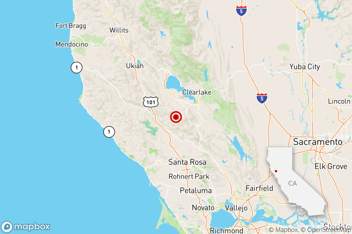 A red dot shows the location of an earthquake in Northern California. 