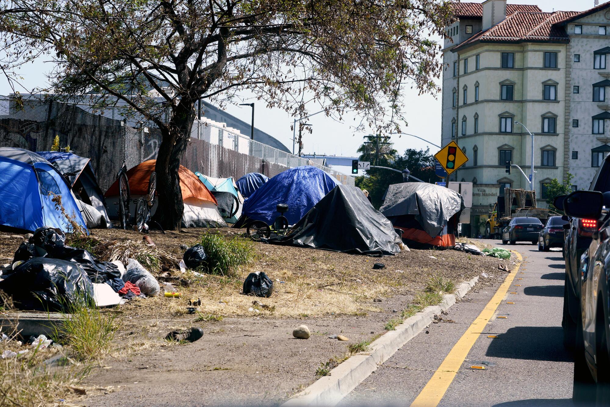An encampment near the Imperial Avenue offramp on southbound Inxterstate 5 in San Diego.