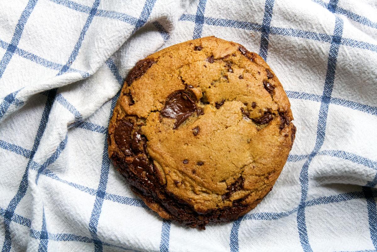 Closeup of a chocolate chip cookie on a blue and white tea towel.