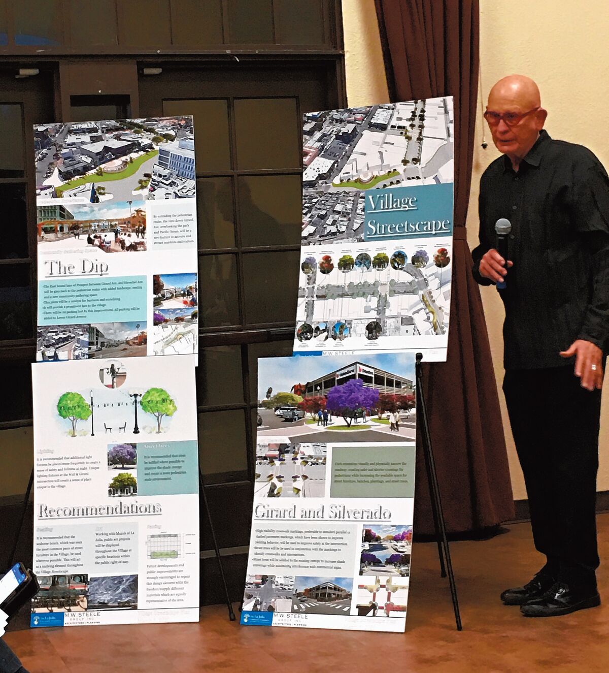 Images depicting the proposed La Jolla Village Streetscape Plan are presented by architect Mark Steele during the La Jolla Community Planning Association meeting March 5, 2020 at the La Jolla Recreation Center. His firm received a $75,000 grant from the La Jolla Community Foundation to study and develop a streetscape vision for La Jolla.