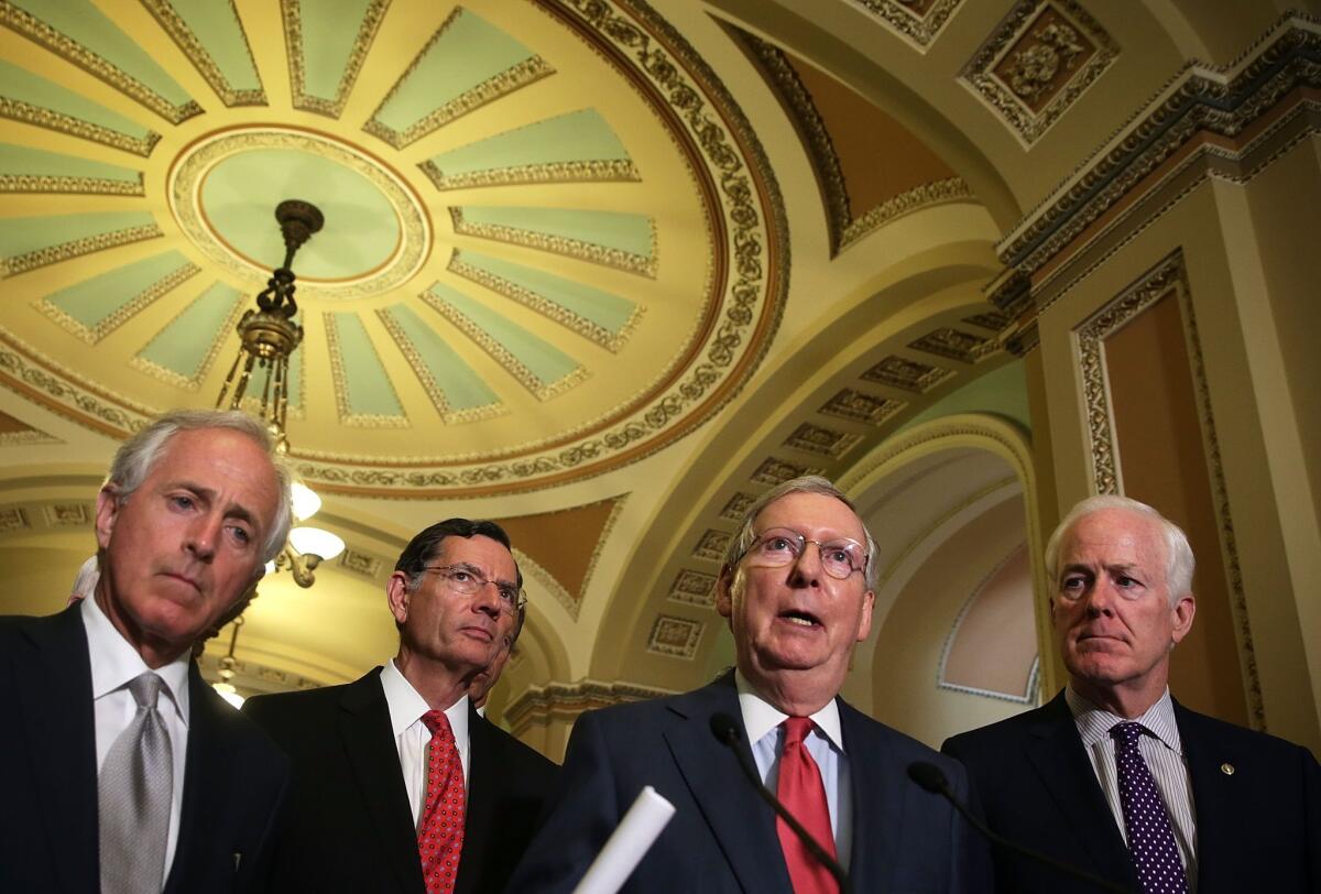 From left to right, Senators Bob Corker, John Barrasso, Mitch McConnell and John Cornyn address the media on Capitol Hill on July 14. The four Republicans spoke on a variety of topics, including the Iran talks deal.